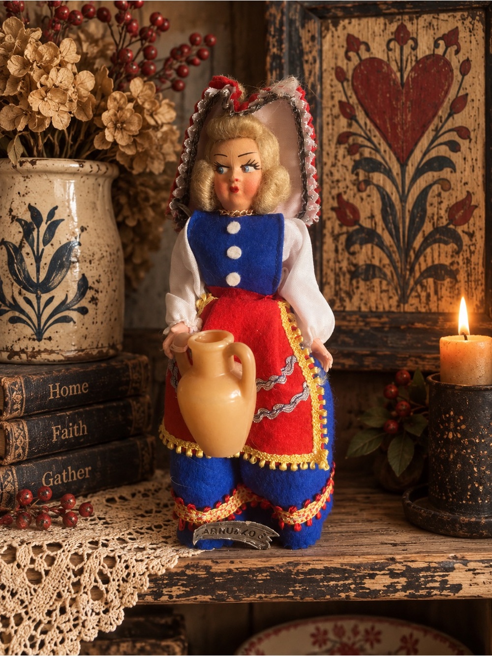 Italian Vintage-style Red & Blue Folk Doll with Pitcher